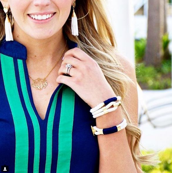 Nautical Ivory Navy Blue Rope Gold T Bar Cleat Clasp Bracelet