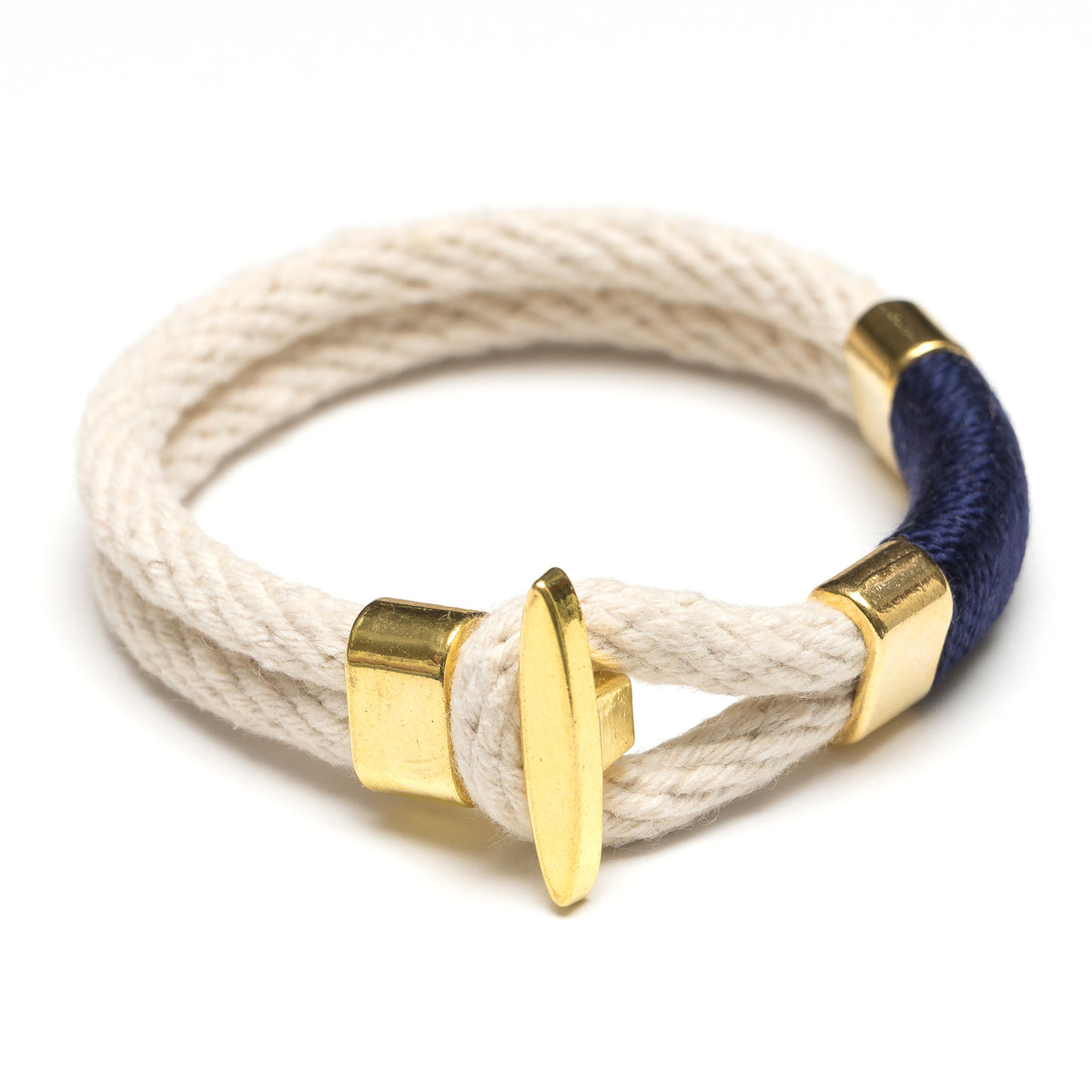 Nautical Ivory Navy Blue Rope Gold T Bar Cleat Clasp Bracelet
