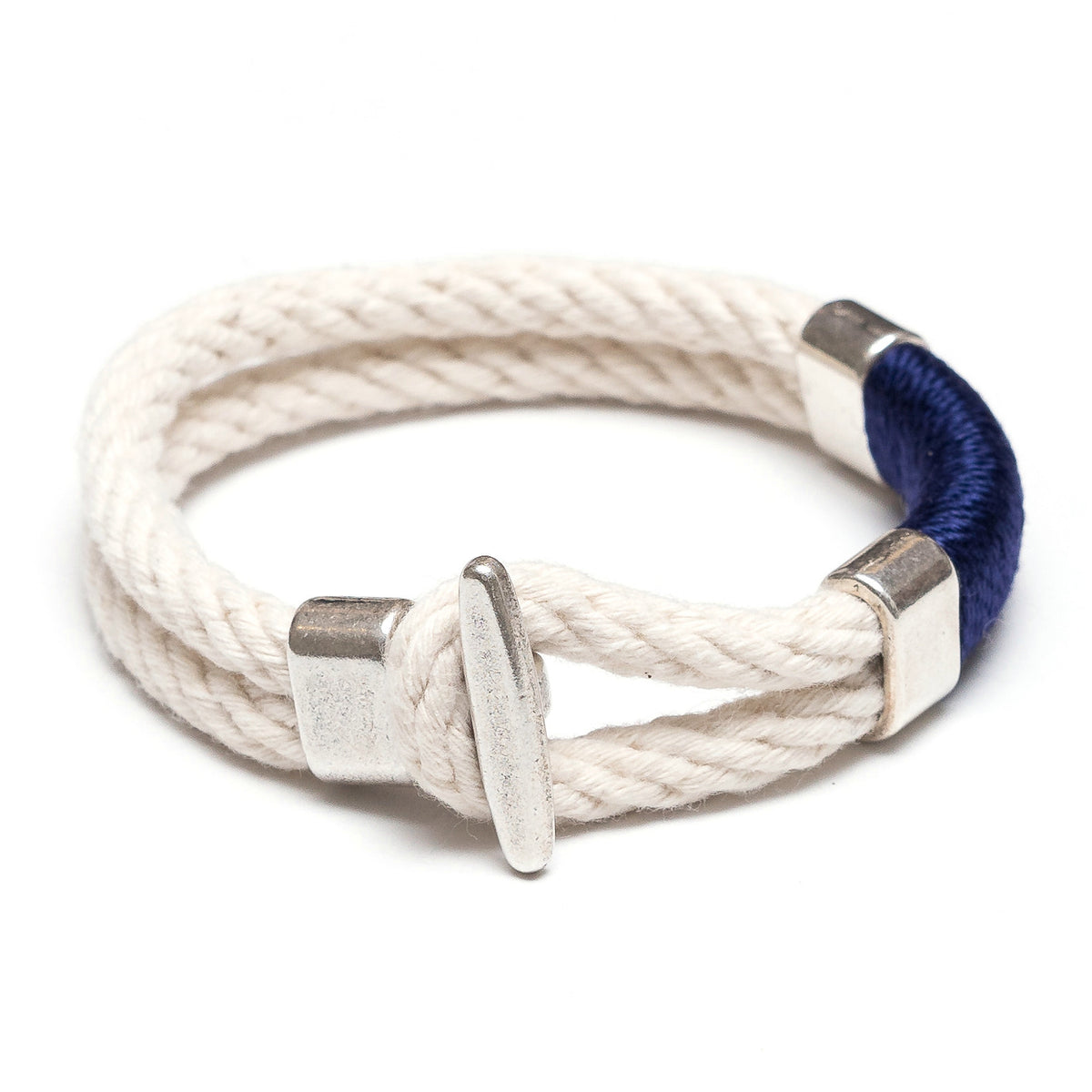Nautical Ivory Navy Blue Rope Silver T Bar Cleat Clasp Bracelet